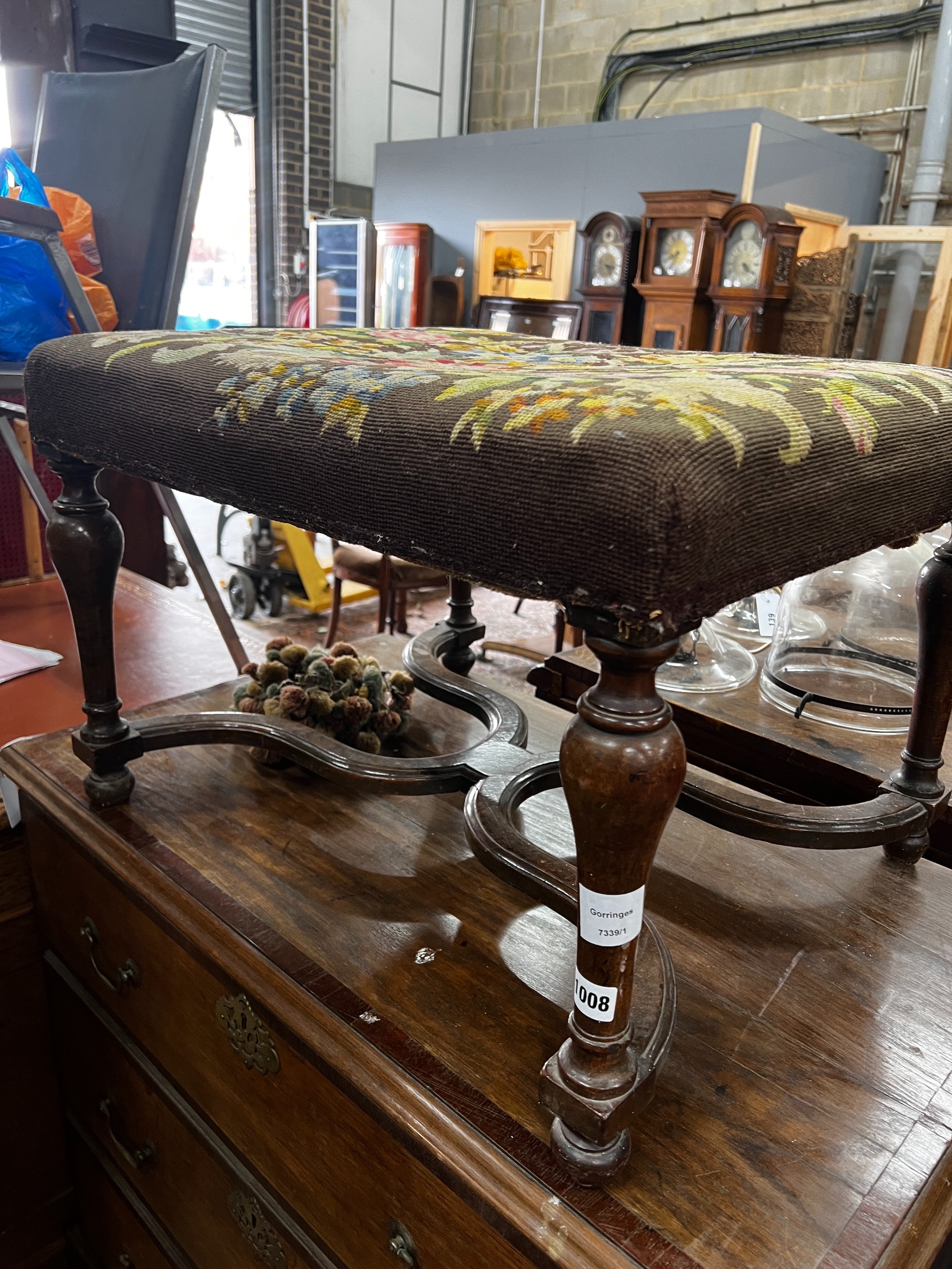A William & Mary style walnut stool, with 'X' shaped understretcher, length 65cm, width 53cm, height 44cm
